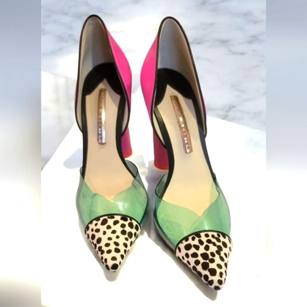 Sophia Webster Neon Multi Color Animal Print Leather Slip on Pump Heels